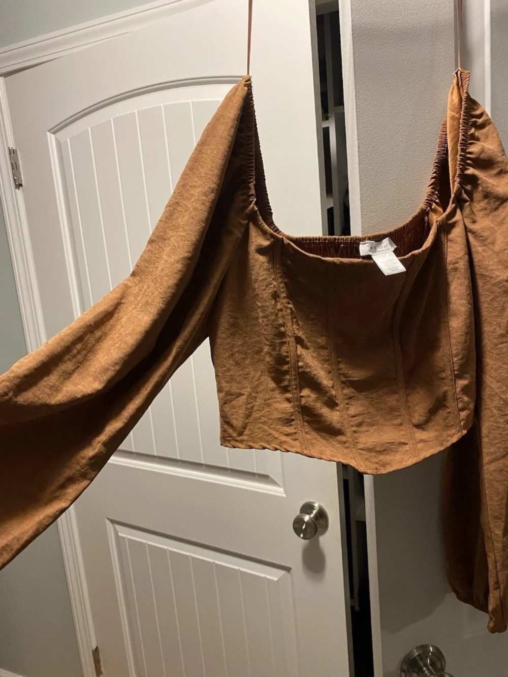 Kirious Los Angeles Women's Brown Puff Sleeve Cropped Blouse Suede Top Large